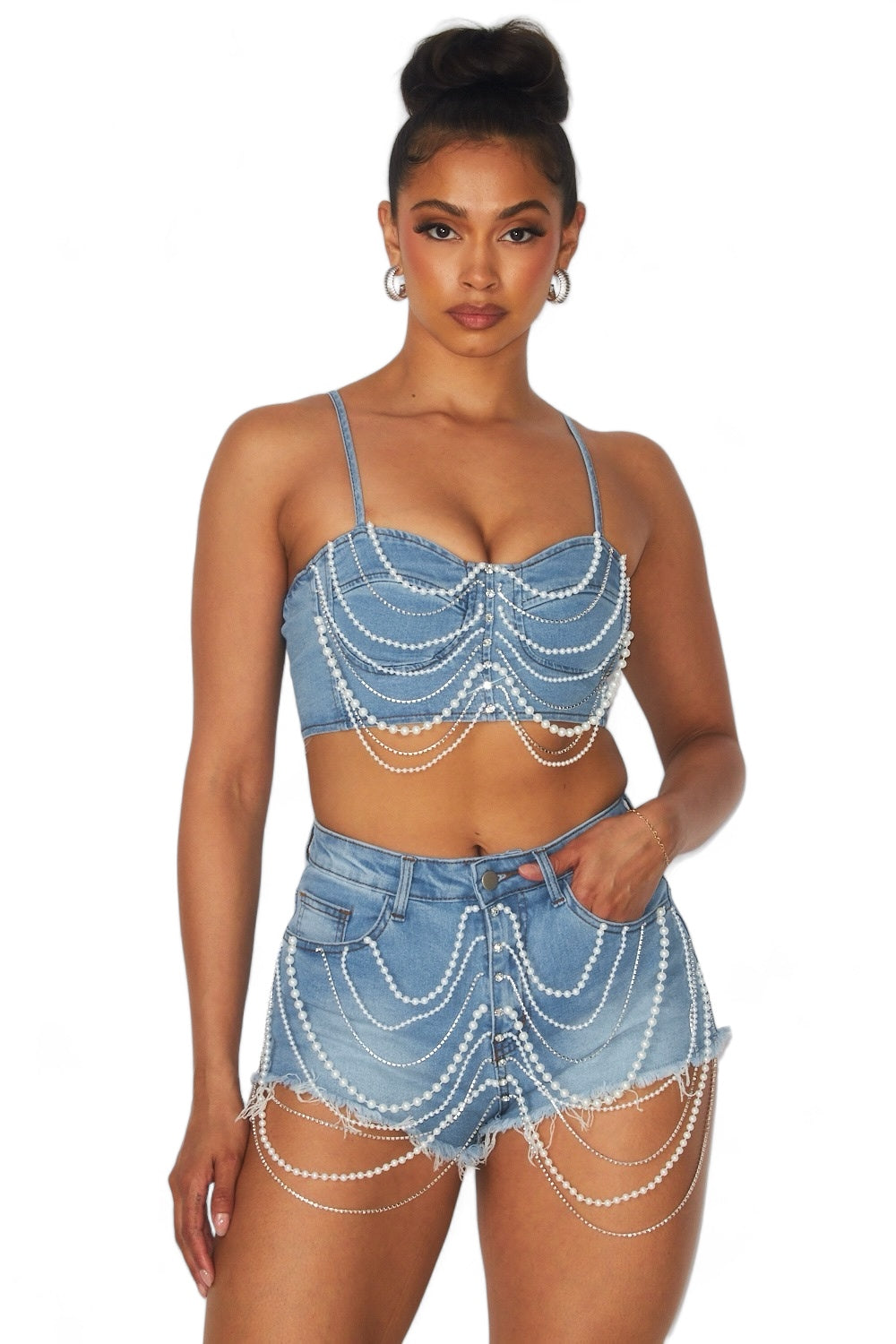 Pearl Detail Denim Short Set The House of Stylez