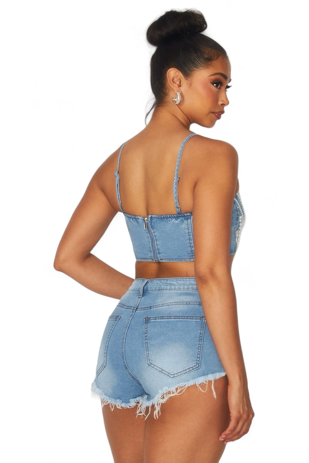 Pearl Detail Denim Short Set The House of Stylez