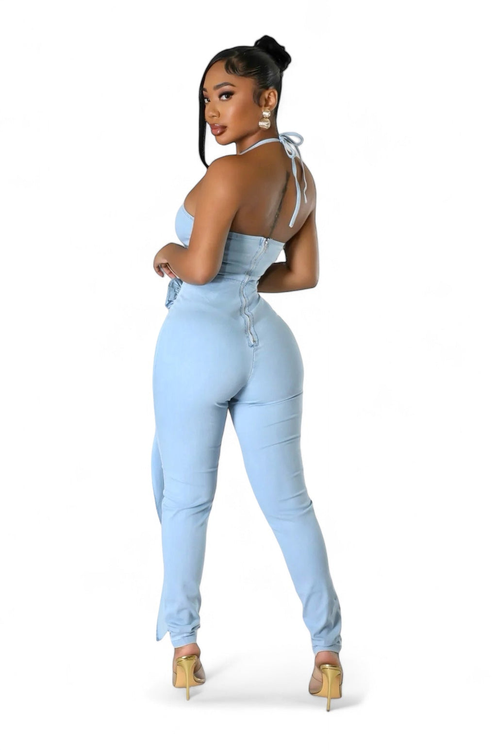 Light Blue Denim Halter Jumpsuit The House of Stylez