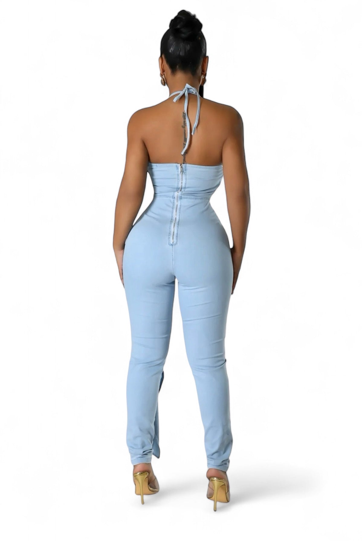 Light Blue Denim Halter Jumpsuit The House of Stylez