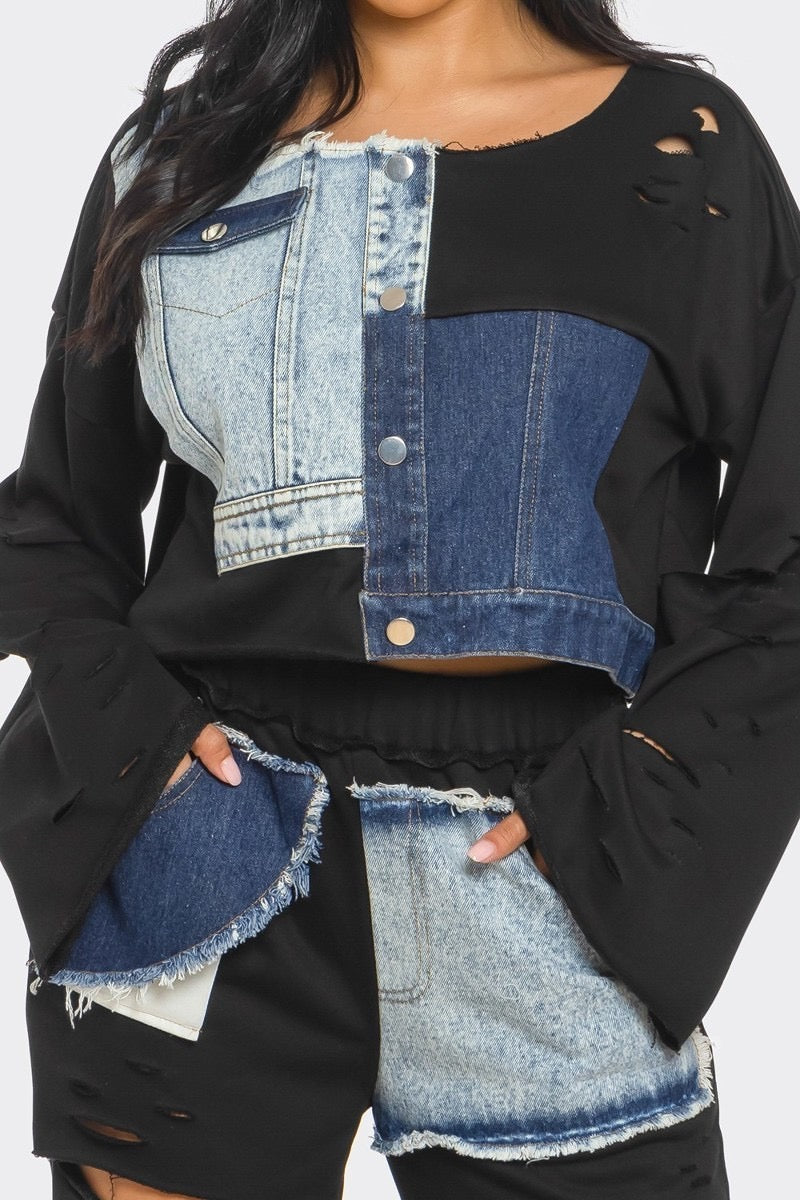 Long Sleeve Patch Denim Detail Pants Two Piece Set {Tall Girl Friendly} The House of Stylez