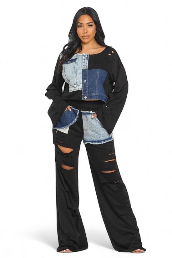 Long Sleeve Patch Denim Detail Pants Two Piece Set {Tall Girl Friendly} The House of Stylez