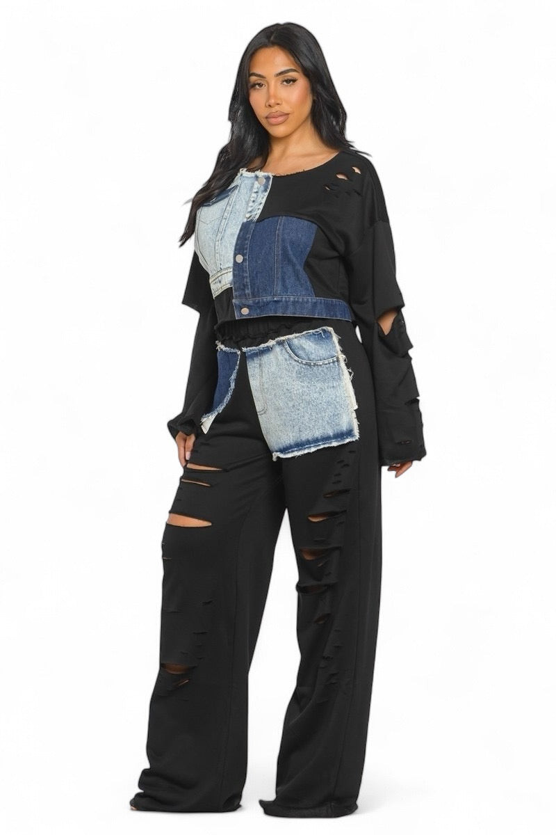 Long Sleeve Patch Denim Detail Pants Two Piece Set {Tall Girl Friendly} The House of Stylez