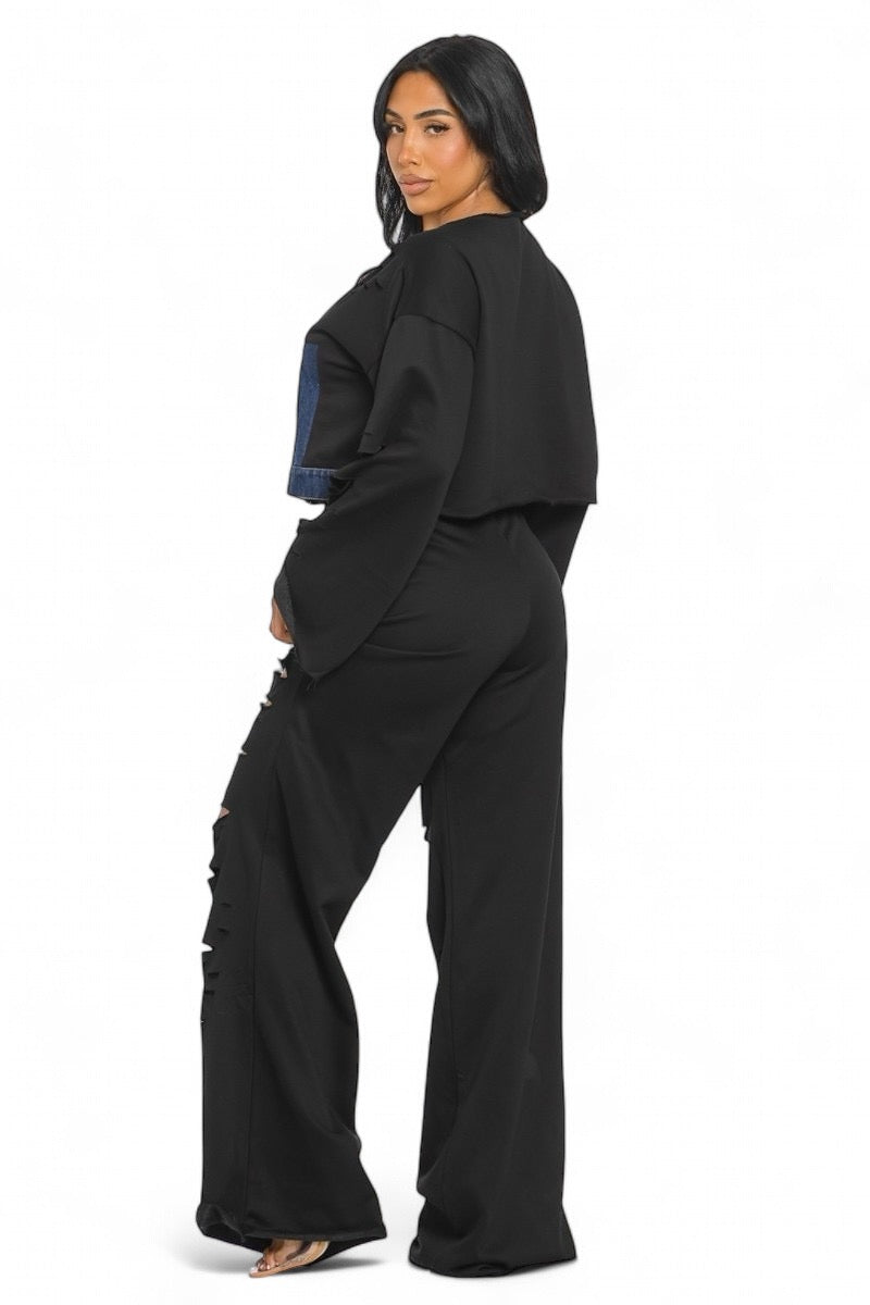 Long Sleeve Patch Denim Detail Pants Two Piece Set {Tall Girl Friendly} The House of Stylez