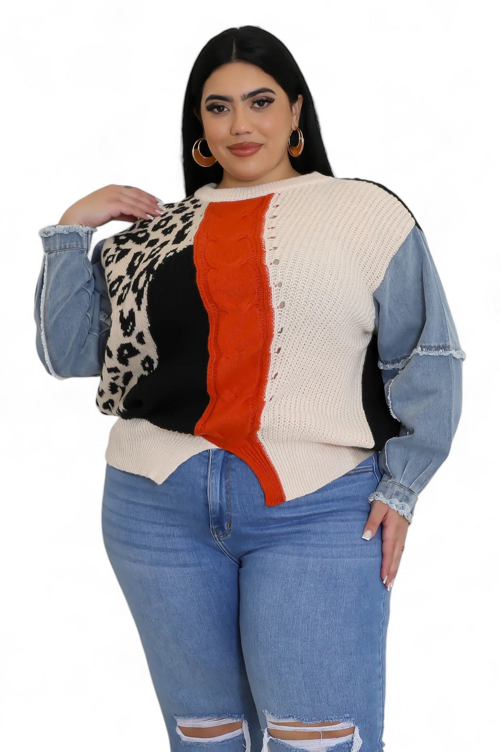 Curvy Leopard/Ivory/Rust/Black Denim Sleeve Sweater Top The House of Stylez