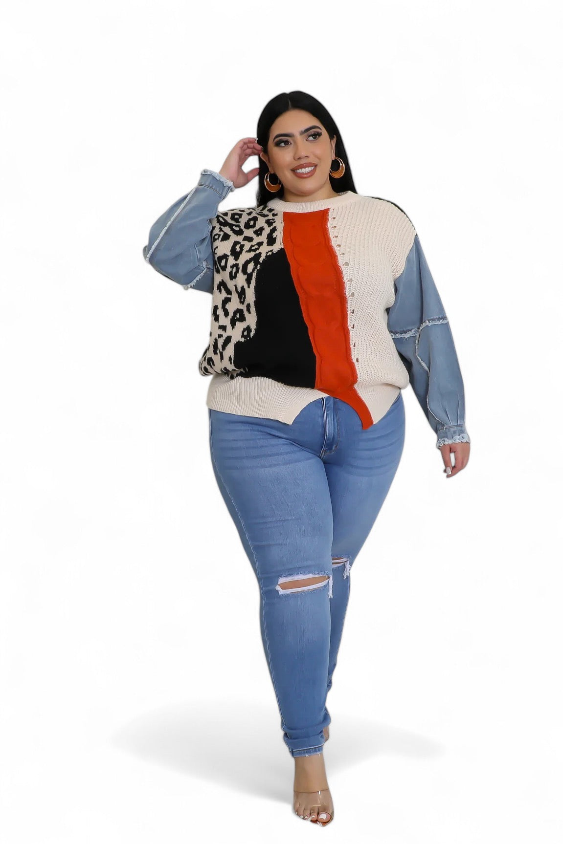 Curvy Leopard/Ivory/Rust/Black Denim Sleeve Sweater Top The House of Stylez