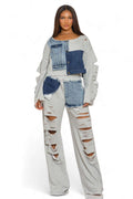 Long Sleeve Patch Denim Detail Pants Two Piece Set {Tall Girl Friendly} The House of Stylez