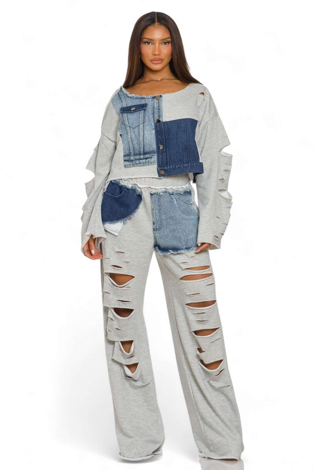 Long Sleeve Patch Denim Detail Pants Two Piece Set {Tall Girl Friendly} The House of Stylez