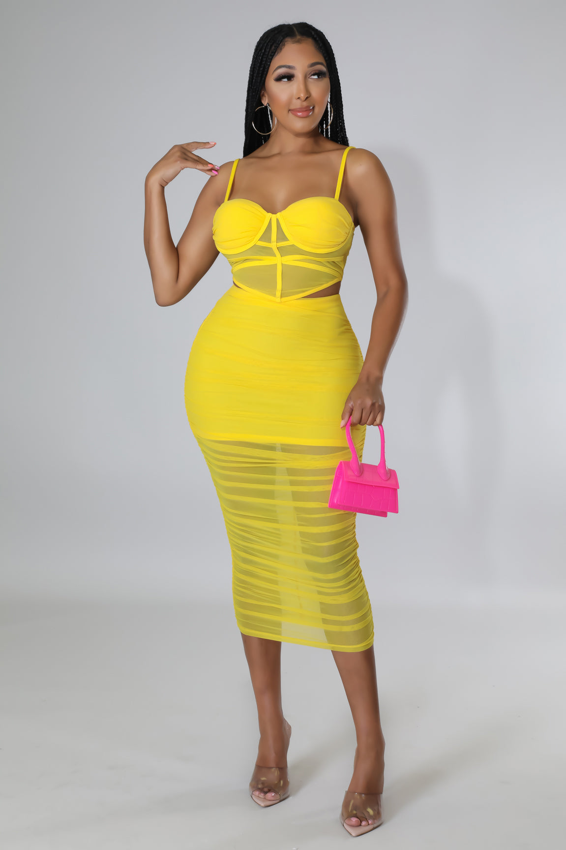 Meshy Days Ruched High Waisted Skirt Set Fasheabe