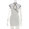 Women Clothing Slim Sleeveless Contrast Color Trim Design Chest Hollow Out Cutout Sexy Mini Dress Short Ragazza