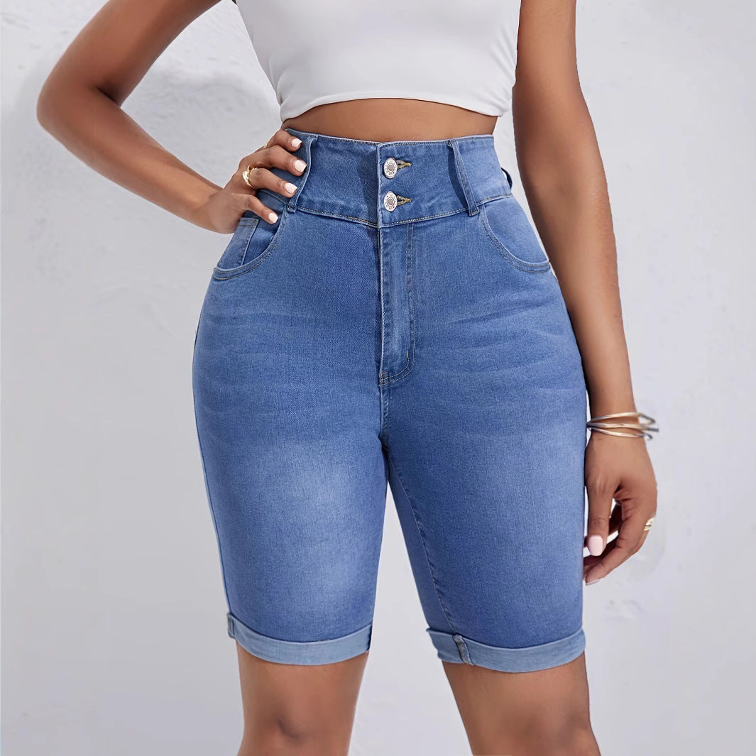 Ladies High Waist Double Buckle Middle Pants Curling Stretch Denim Shorts Cycling Pants Wanita Store