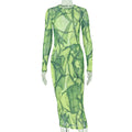 Printed Socialite Women Clothes Waist Vintage Sheath Dress Turtleneck Long Sleeved Green Autumn Winter Dress Ragazza