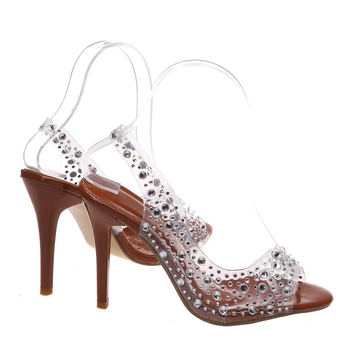 Rhinestone High Heeled Open Toe Sandals Women Pointed Toe Mixed with Crystal Fish Mouth Shoes Wanita Store