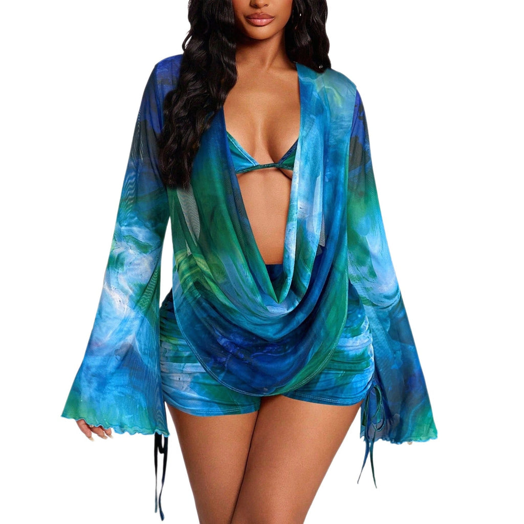 Printed Sexy Long Sleeve Cover Up Bikini Three Piece Swimsuit Boyshorts Slimming Swimwear for Women SHOMICOBOUTIQUE