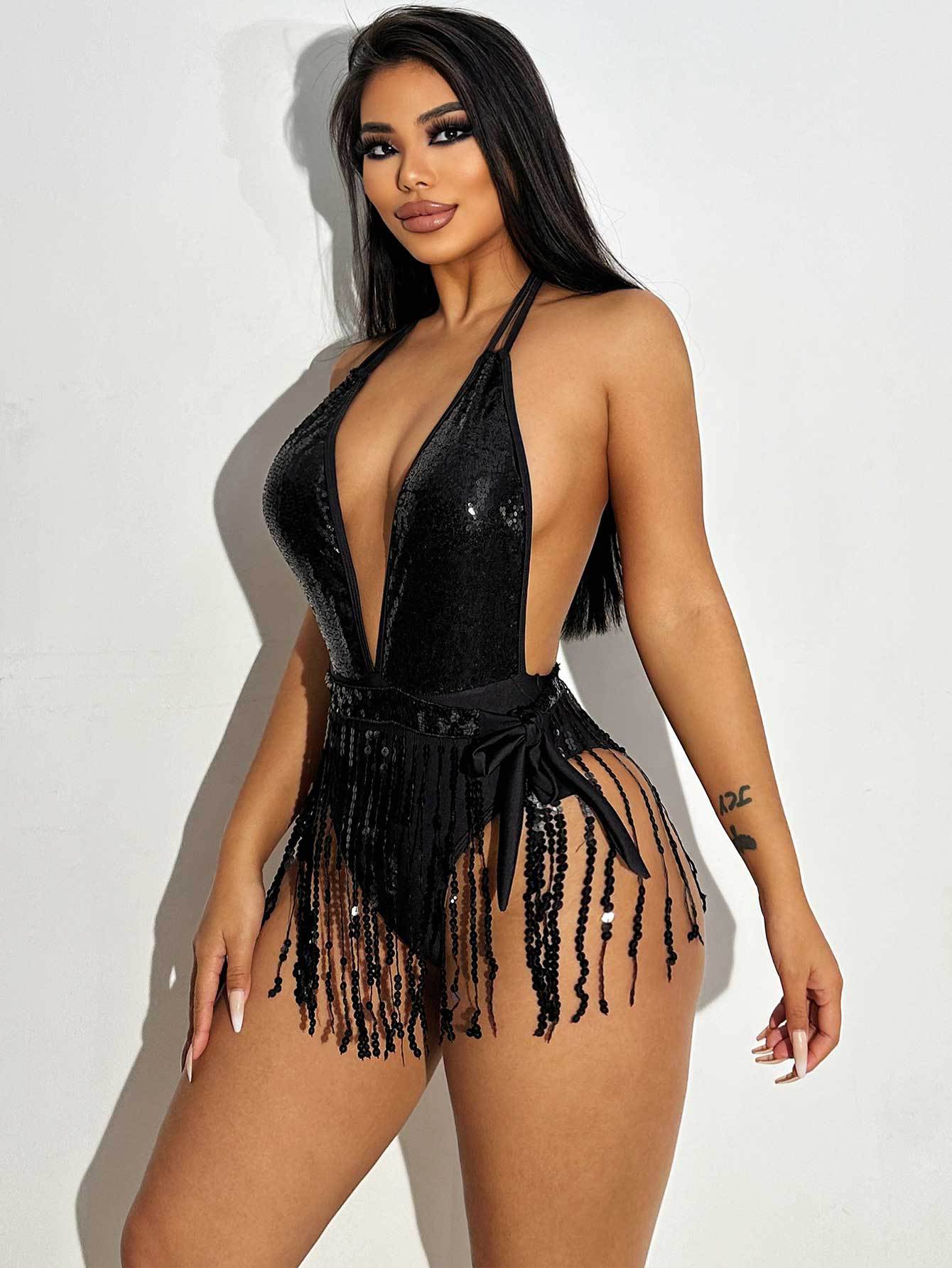 Swimwear Women Sexy Deep V Plunge Swimsuit Tassel One Piece Swimsuit Bikini Swimsuit Bella Mia