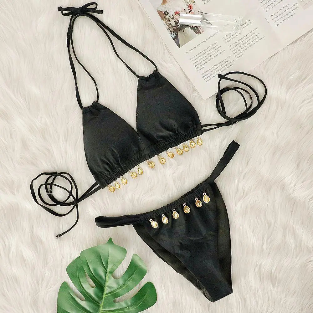 Two Piece Swimsuit Women Pink Bikini Swimsuit with Gem Embellished Lady Ros