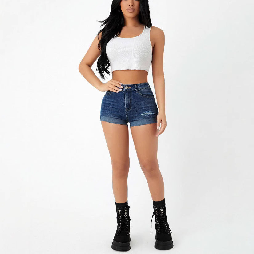 High Waist Elastic Slim Fit Ripped Jeans Shorts Women Wanita Store