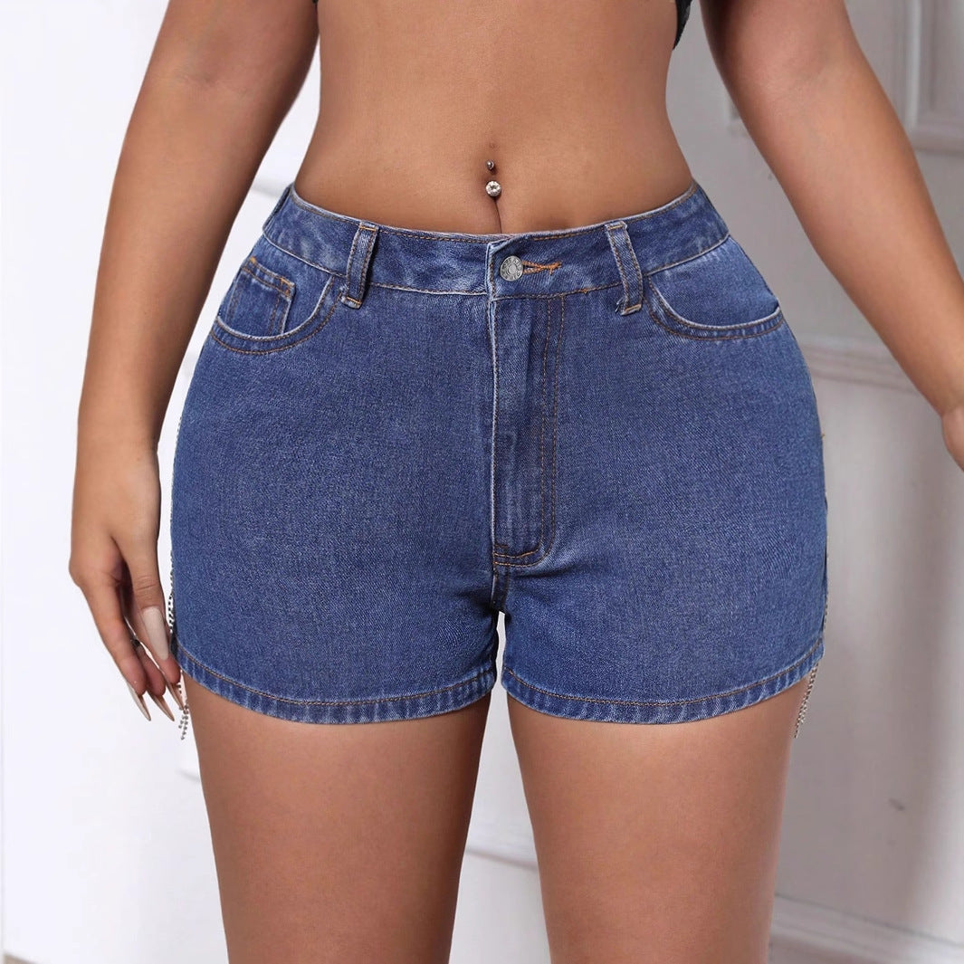Women Clothing Casual Chain Tassel Ripped Denim Shorts Wanita Store
