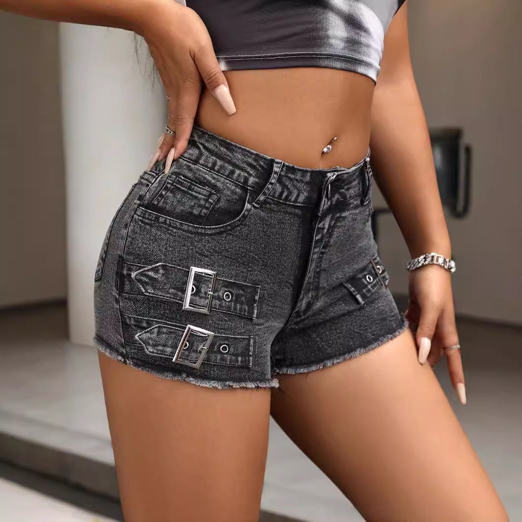 Women Clothing Metal Buckle Burr Stretch Denim Shorts Wanita Store