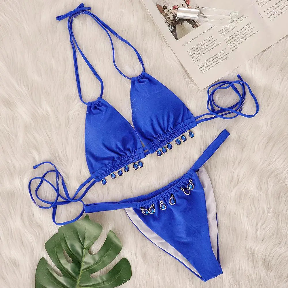 Two Piece Swimsuit Women Pink Bikini Swimsuit with Gem Embellished Lady Ros