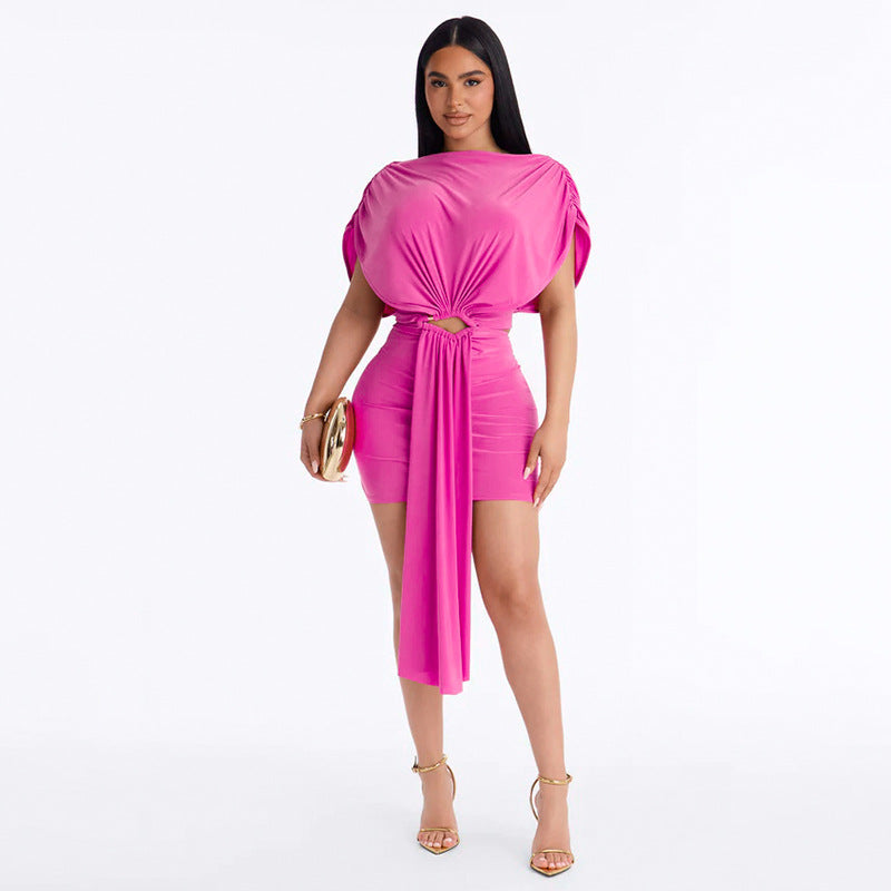 Women Clothing Summer Solid Color Casual Slim Pleated Short Sleeves Hollow Out Cutout Ribbon Short Dress Ragazza