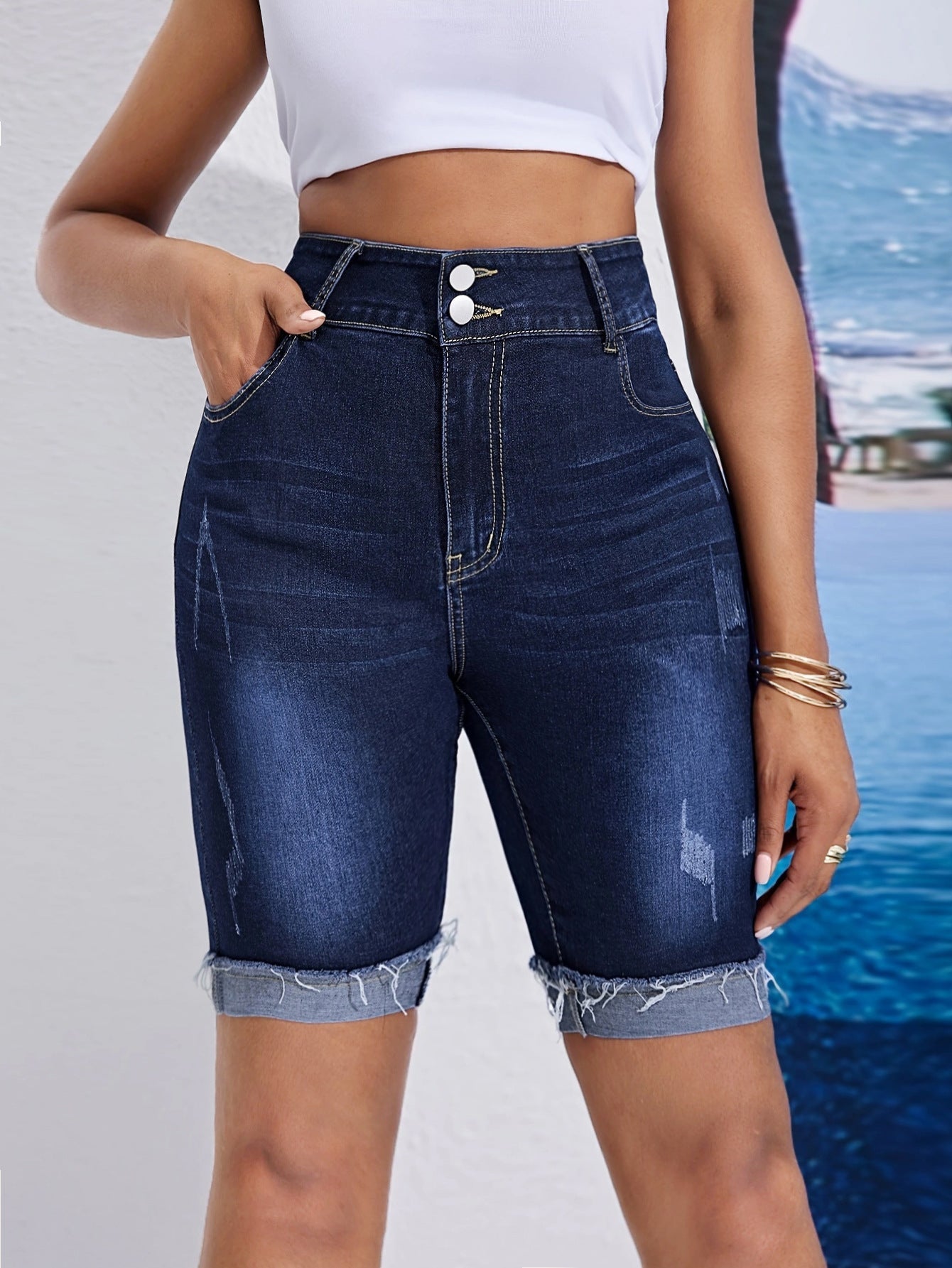 Ladies High Waist Double Buckle Middle Pants Curling Stretch Denim Shorts Cycling Pants Wanita Store