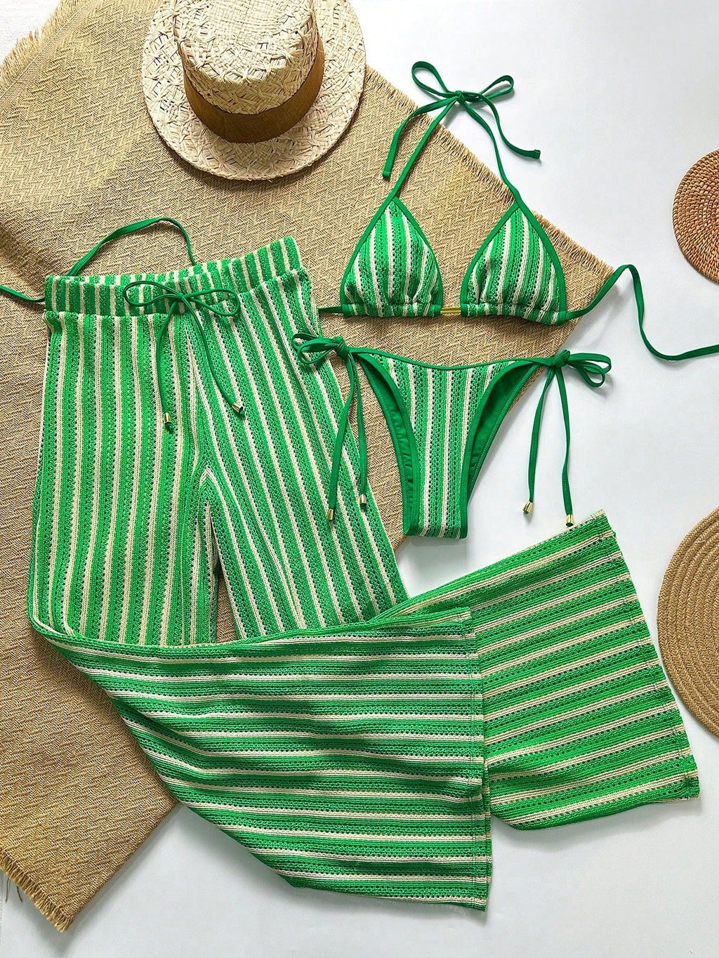 Bikini women's split trousers swimsuit three-piece set popular sexy striped printed swimsuit SHOMICOBOUTIQUE