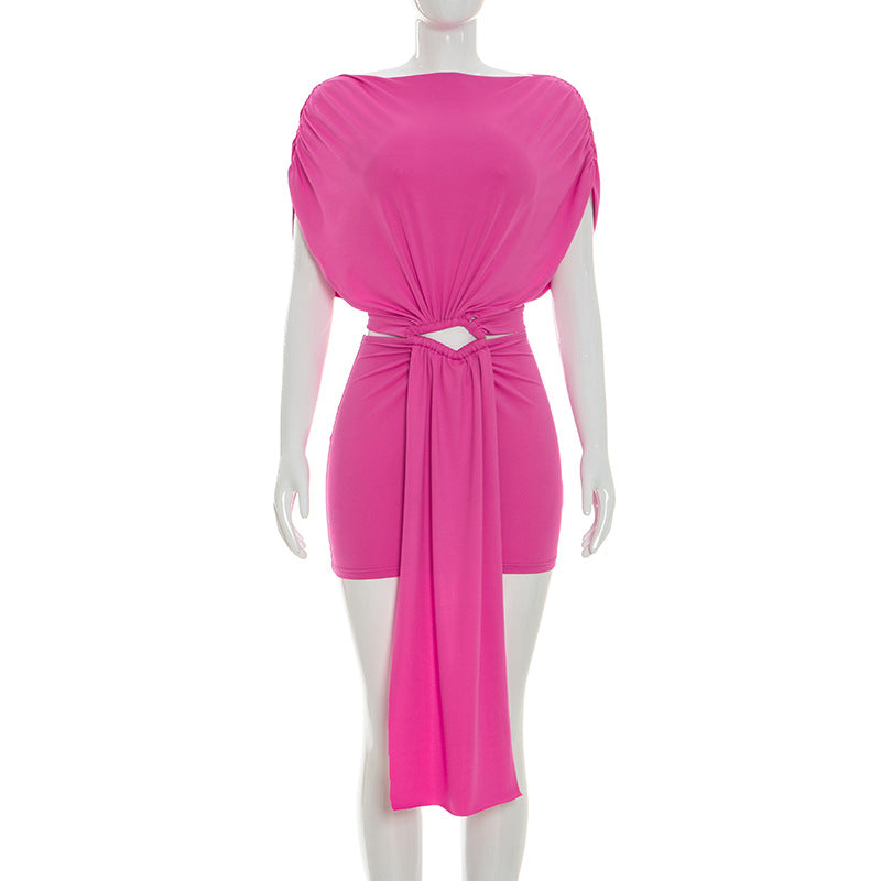 Women Clothing Summer Solid Color Casual Slim Pleated Short Sleeves Hollow Out Cutout Ribbon Short Dress Ragazza