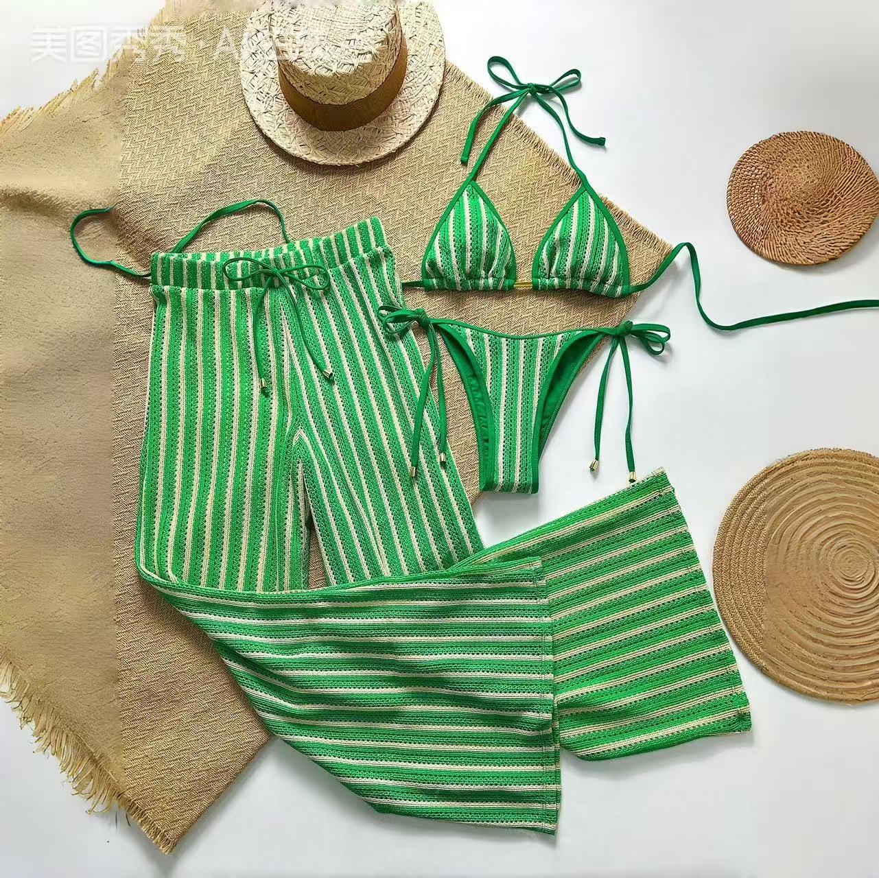 Bikini women's split trousers swimsuit three-piece set popular sexy striped printed swimsuit SHOMICOBOUTIQUE