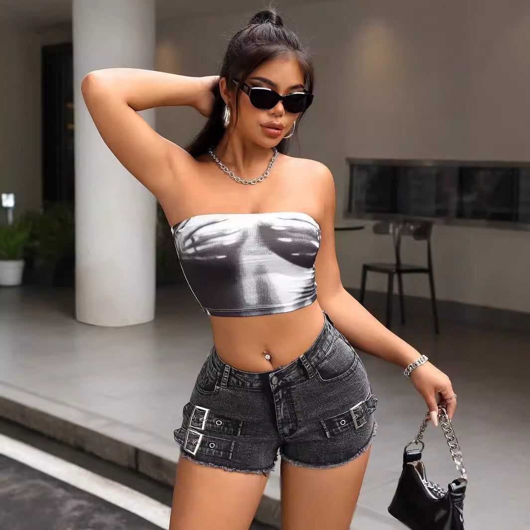 Women Clothing Metal Buckle Burr Stretch Denim Shorts Wanita Store