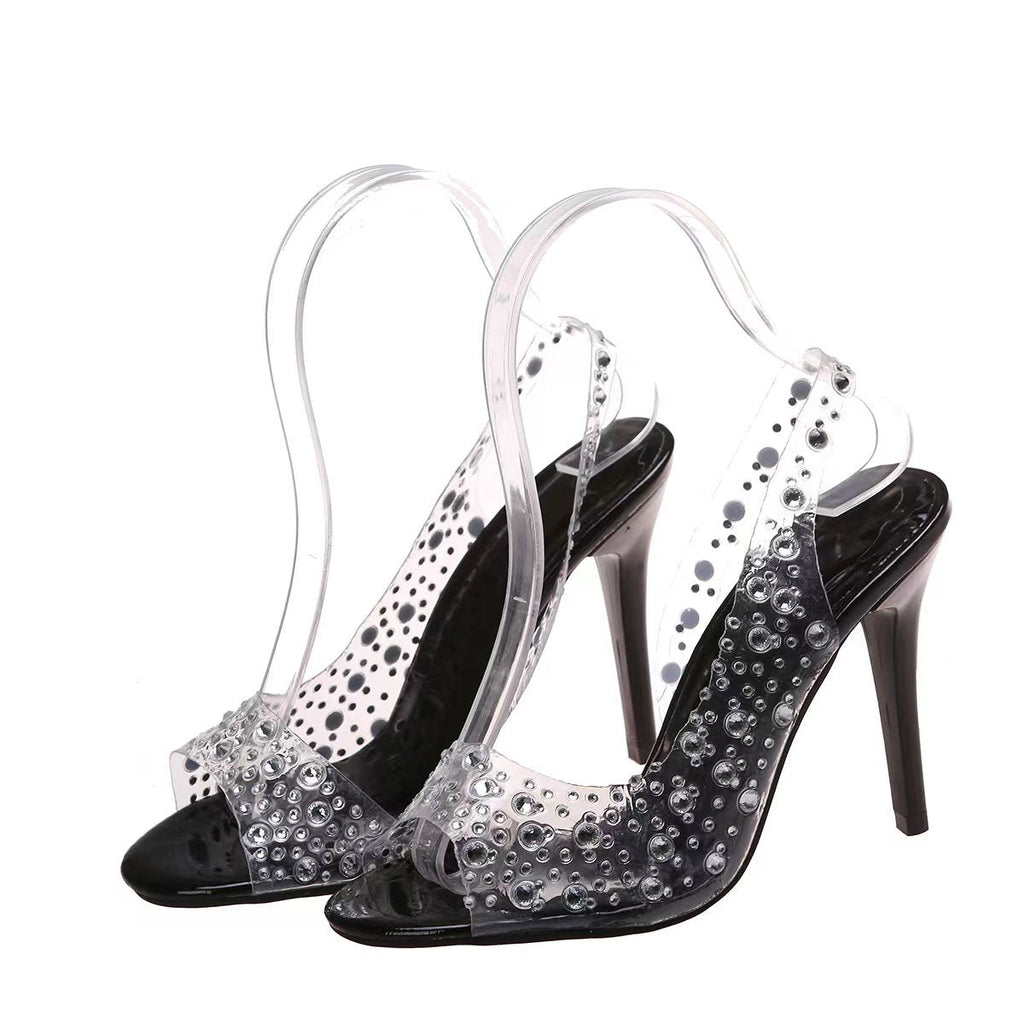 Rhinestone High Heeled Open Toe Sandals Women Pointed Toe Mixed with Crystal Fish Mouth Shoes Wanita Store