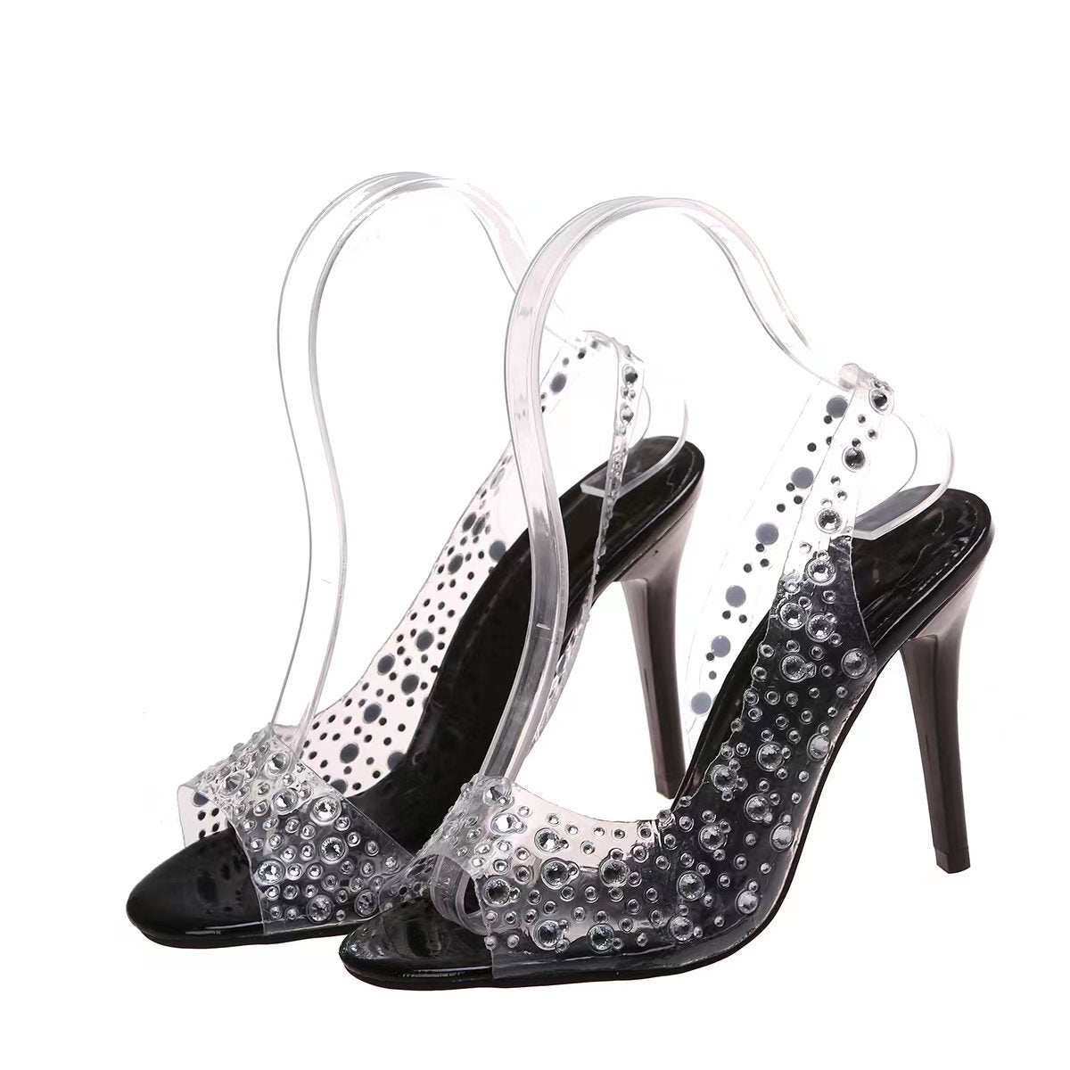 Rhinestone High Heeled Open Toe Sandals Women Pointed Toe Mixed with Crystal Fish Mouth Shoes Wanita Store