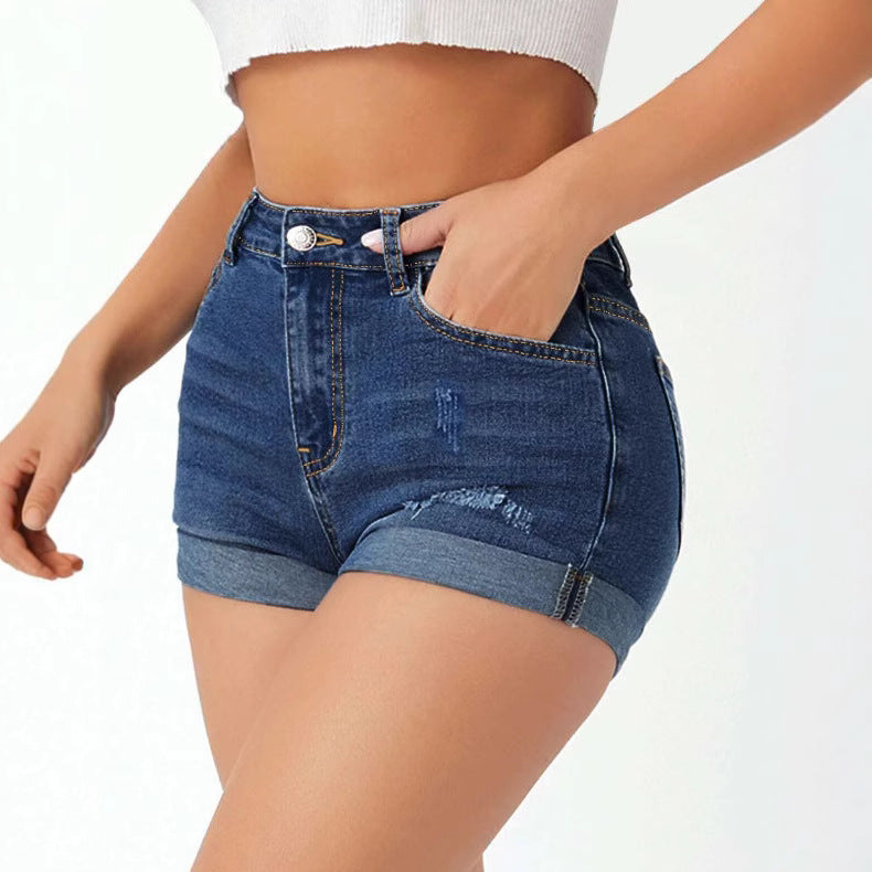 High Waist Elastic Slim Fit Ripped Jeans Shorts Women Wanita Store