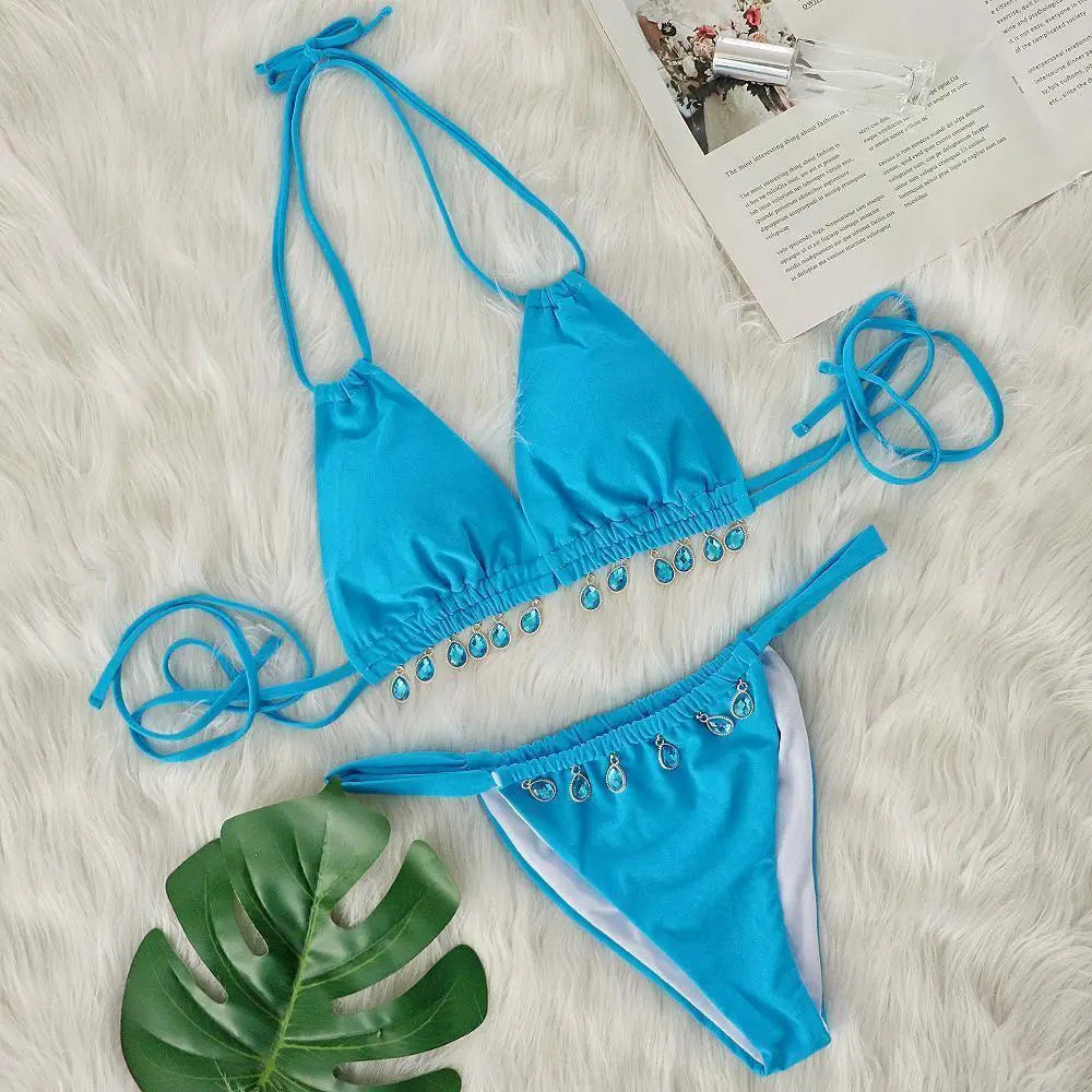 Two Piece Swimsuit Women Pink Bikini Swimsuit with Gem Embellished Lady Ros