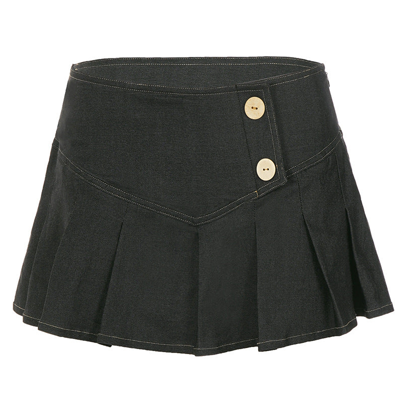 Retro Button Pleated Skirt Women Sexy Casual Street Low Waist Slimming Skirt Ragazza