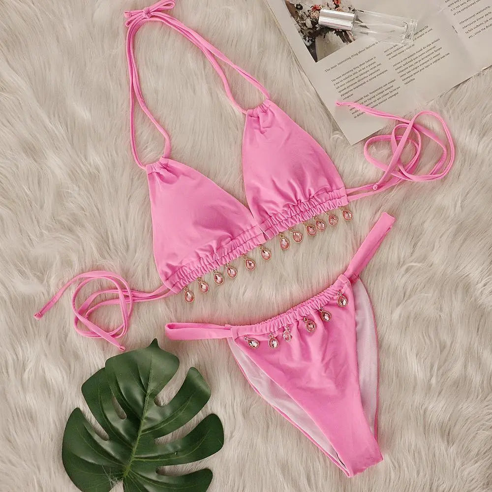 Two Piece Swimsuit Women Pink Bikini Swimsuit with Gem Embellished Lady Ros