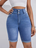 Ladies High Waist Double Buckle Middle Pants Curling Stretch Denim Shorts Cycling Pants Wanita Store