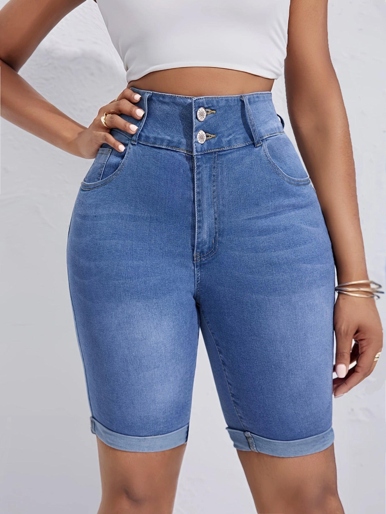 Ladies High Waist Double Buckle Middle Pants Curling Stretch Denim Shorts Cycling Pants Wanita Store