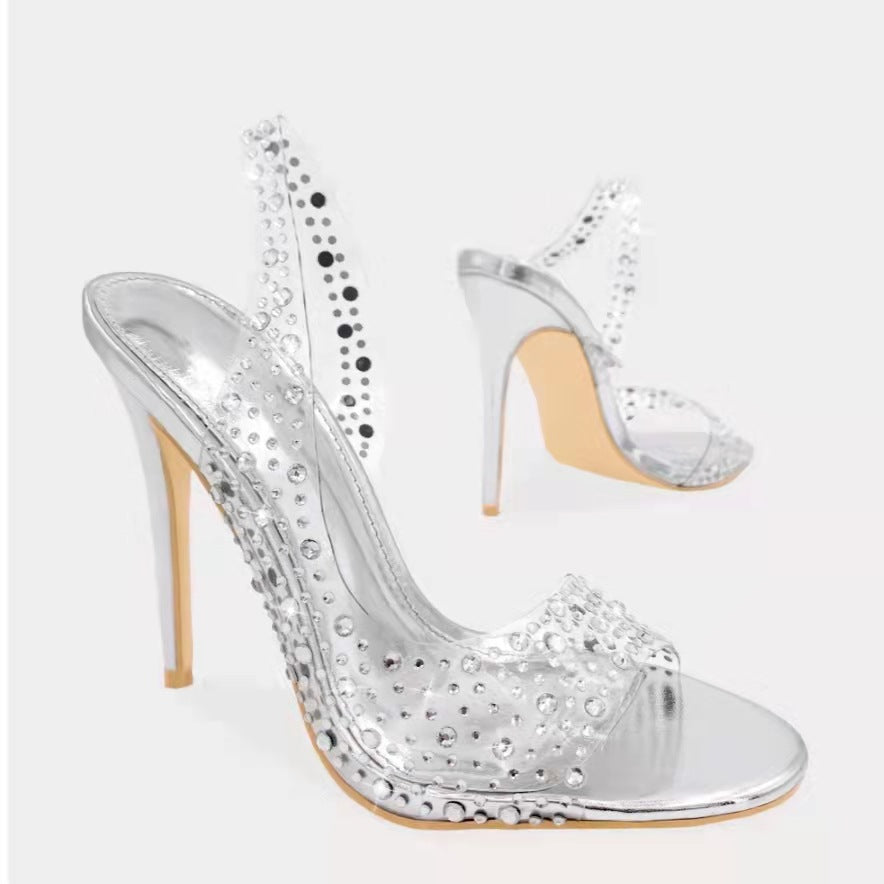 Rhinestone High Heeled Open Toe Sandals Women Pointed Toe Mixed with Crystal Fish Mouth Shoes Wanita Store