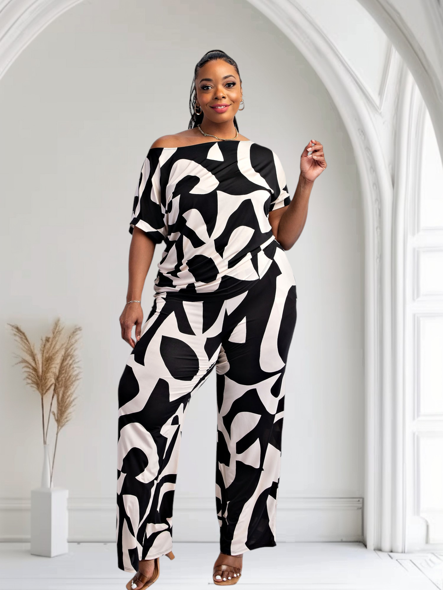 Lori Print Black and White Matching Plus Size Pants Set With Pockets Fasheabe