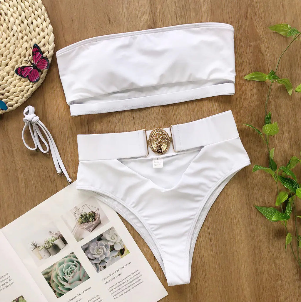 Chic Metal Buckle Strapless Bikini Swimsuit for Women Trendy Attic Store01