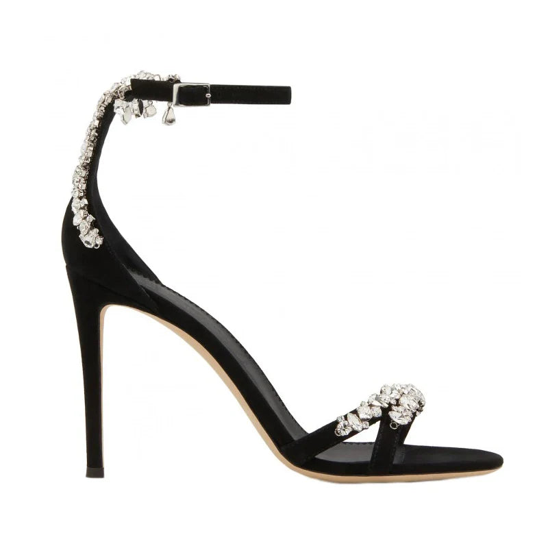 Black High Heels Women's Stiletto Heels Celebrity Style Versatile Slotted Buckle Rhinestone Open Toe Round Toe Sandals SHOMICOBOUTIQUE