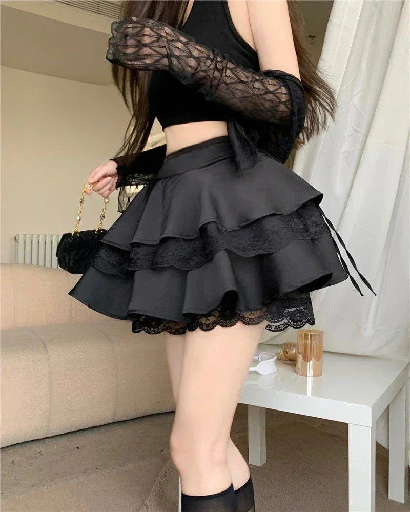 Y2K Sweet Solid Women Mini Skirt Summer High Waist Lace Patchwork Ladies Ball Gown Fashion All Match Ruffles Female Skirt Femstylo