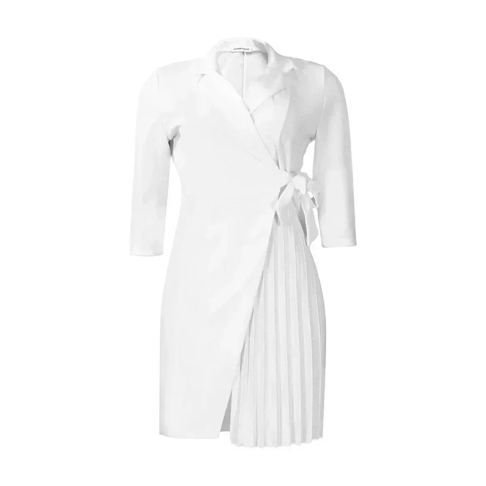Women  Solid Plus Size Folds Dress Neck Pleated Blazer Style Dress Office Vintage Sexy Lady Belt Party Tight Curvy Short Dress Femstylo