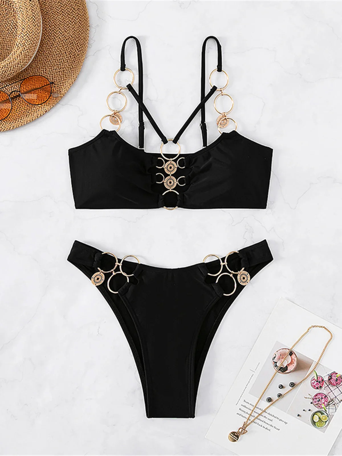 👙 Sexy Metal Ring Mid-Waist Bikini Set – Women's Two-Piece Padded Swimsuit | Trendy Bathing Suit for Beach &amp; Pool Luminous Bear Shop