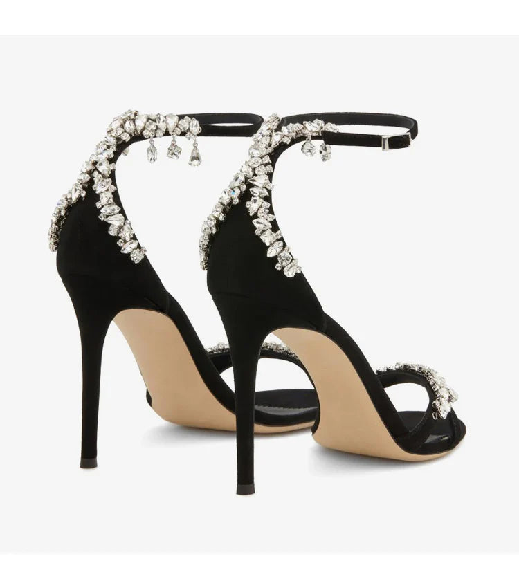 Black High Heels Women's Stiletto Heels Celebrity Style Versatile Slotted Buckle Rhinestone Open Toe Round Toe Sandals SHOMICOBOUTIQUE