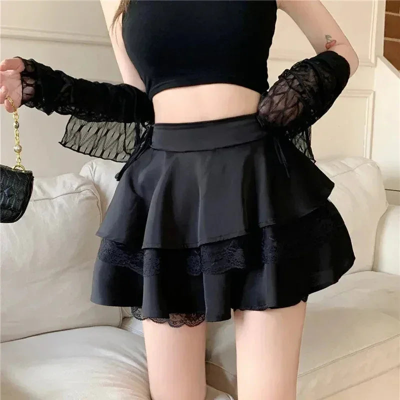 Y2K Sweet Solid Women Mini Skirt Summer High Waist Lace Patchwork Ladies Ball Gown Fashion All Match Ruffles Female Skirt Femstylo
