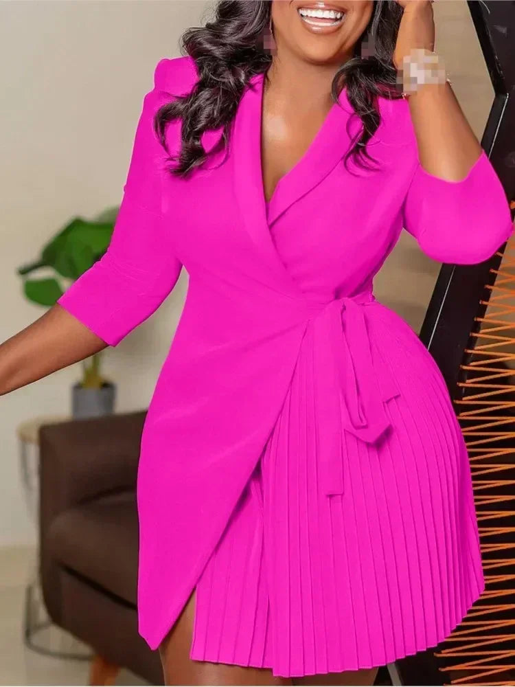Women  Solid Plus Size Folds Dress Neck Pleated Blazer Style Dress Office Vintage Sexy Lady Belt Party Tight Curvy Short Dress Femstylo