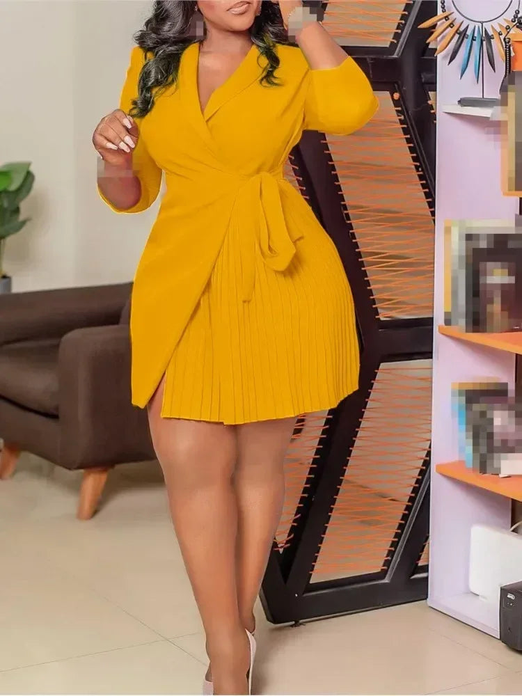 Women  Solid Plus Size Folds Dress Neck Pleated Blazer Style Dress Office Vintage Sexy Lady Belt Party Tight Curvy Short Dress Femstylo