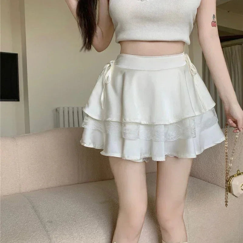 Y2K Sweet Solid Women Mini Skirt Summer High Waist Lace Patchwork Ladies Ball Gown Fashion All Match Ruffles Female Skirt Femstylo